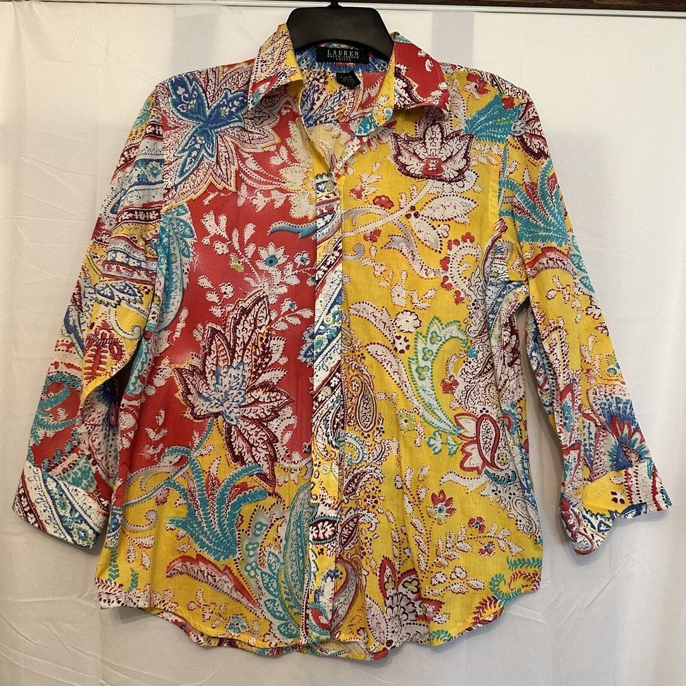 Lauren Ralph Lauren Floral Paisley Button Up Shirt Size Petite 3/4 Split Sleeves